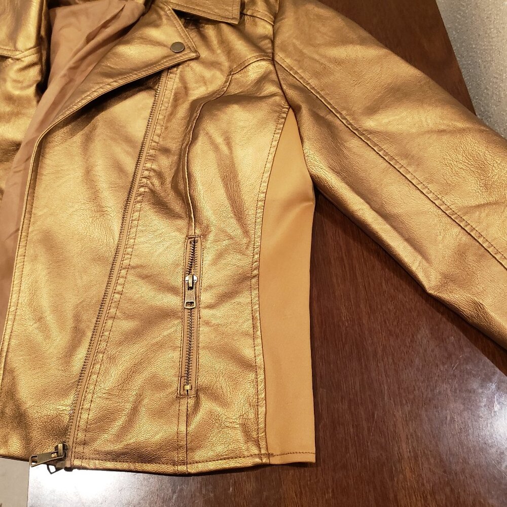 Baccini Bronze Gold Faux Leather Moto Biker Jacket Womens Large - Picture 8 of 10